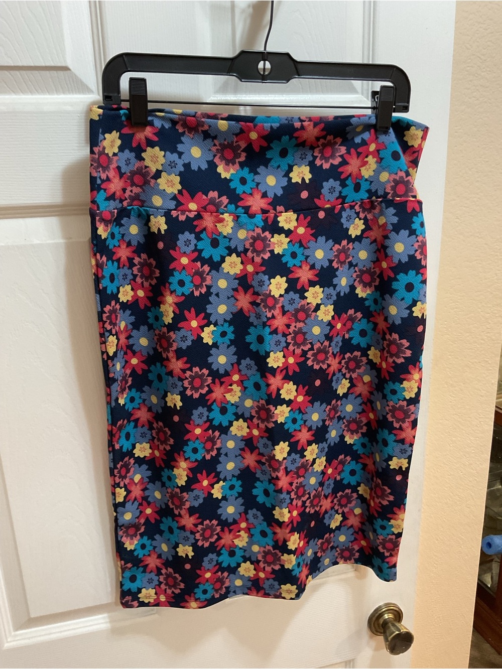 LuLaRoe Cassie Navy Floral Pencil Skirt with Blue, Pink & Yellow Flowers